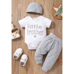 Poloe Infant  White and Grey Short Sleeve "little brother" 3 Piece outfit 0-3M